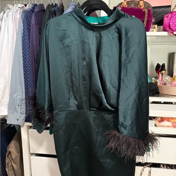 Zara Satin Emerald Green Feather Cuff Mini Dress - Picture 5 of 6